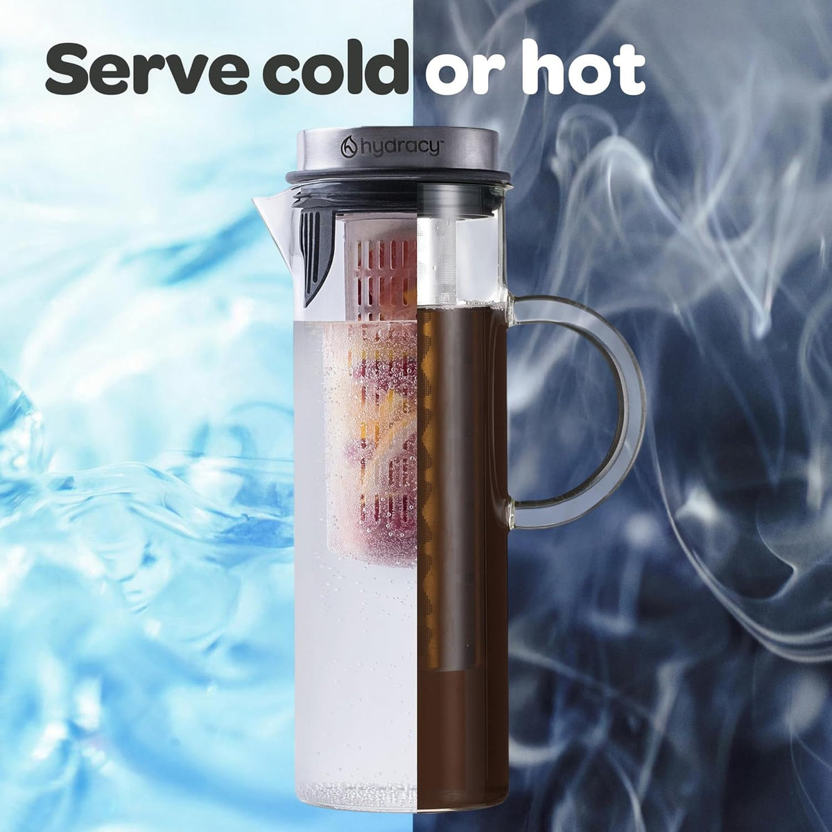 Hydracy Cold Brew Coffee Pitcher,Borosilicate Glass Iced Tea Maker 52oz | BPA-Free,Fruit Infusion Tube,Stainless Steel Lid,Thermal Resistant,Dishwasher Safe,Fits Fridge Door for Home &amp; Office