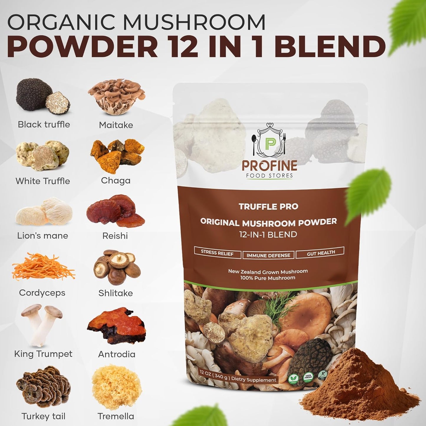 Profine Truffle PRO Mushroom Powder 12- in - 1 Super Blend with Black Truffle and White Truffle - USDA Organic - Supplement