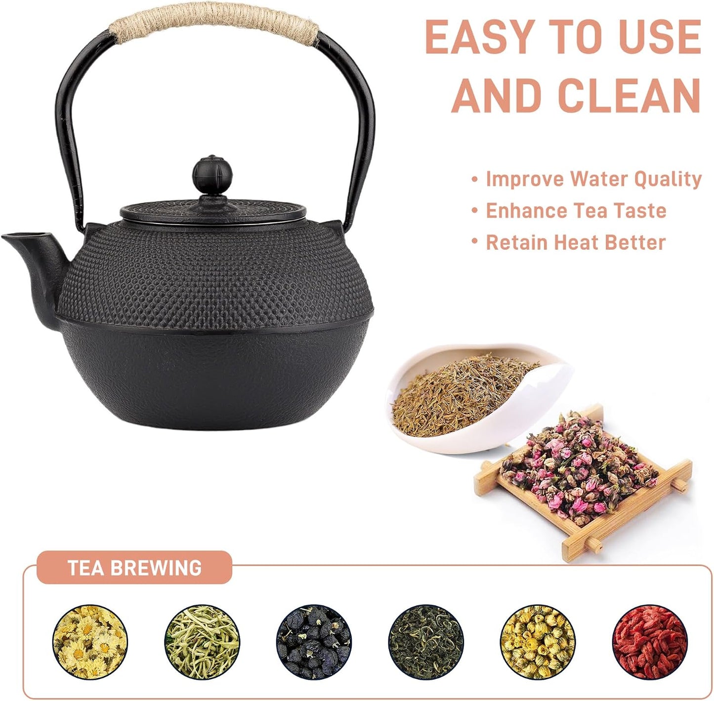 40oz Cast Iron Tea Kettle for Stovetop, Black Teapot with Infuser
