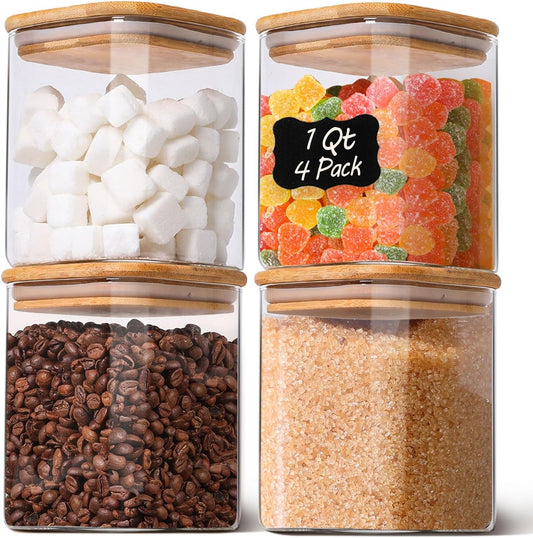 Glass Storage Containers with Lids, Food Storage Jar Canister Set, Pantry Organizers for Cookie Candy Tea Coffee Bean (4