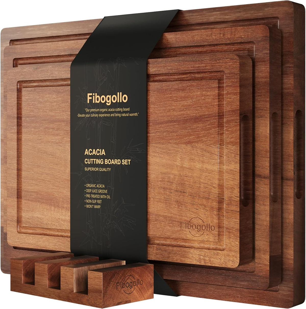 Fibogollo Set of 3 Large Acacia Wood Kitchen Cutting Boards with Holder