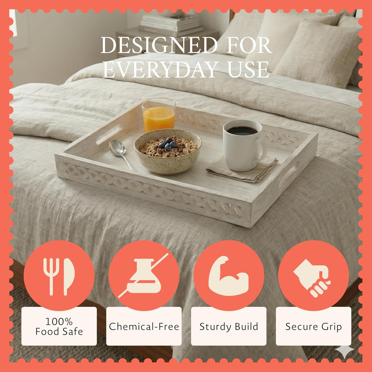 Mela Artisans Trellis Mango Wood Serving Tray - Whitewash, 16x12 in | Handcrafted wooden tray with handles for coffee table accents, kitchen countertop storage, snacks and general home decor.