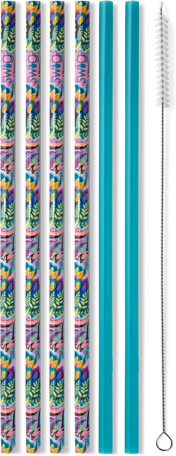 Swig Life Reusable Straw Set with Cleaning Brush, Bazaar + Teal | Reusable Straw Set - Cleaning Brush Included - 14 Inch Long - Accessories for Cups &amp; Mugs