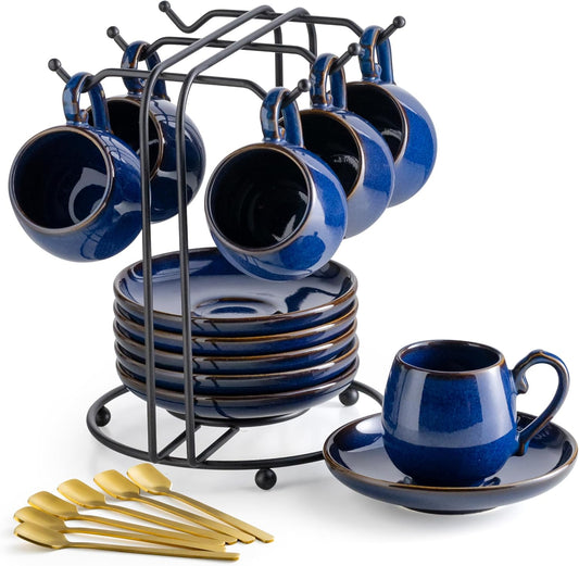 LYEOBOH 3 Ounce Espresso Cups Set of 6, Ceramic Small Coffee Cups with Saucers, Cute Demitasse Cups and Metal Stand with
