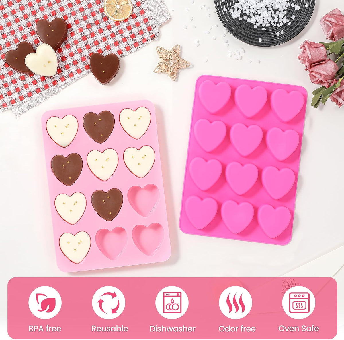 Heart-Shaped Silicone Chocolate Molds - Set of 2, Perfect for Mother's Day, Non-Stick Candy Heart Molds for Baking, Candy, Gummy, Cake, Jelly, Pudding, Handmade Soap Mould