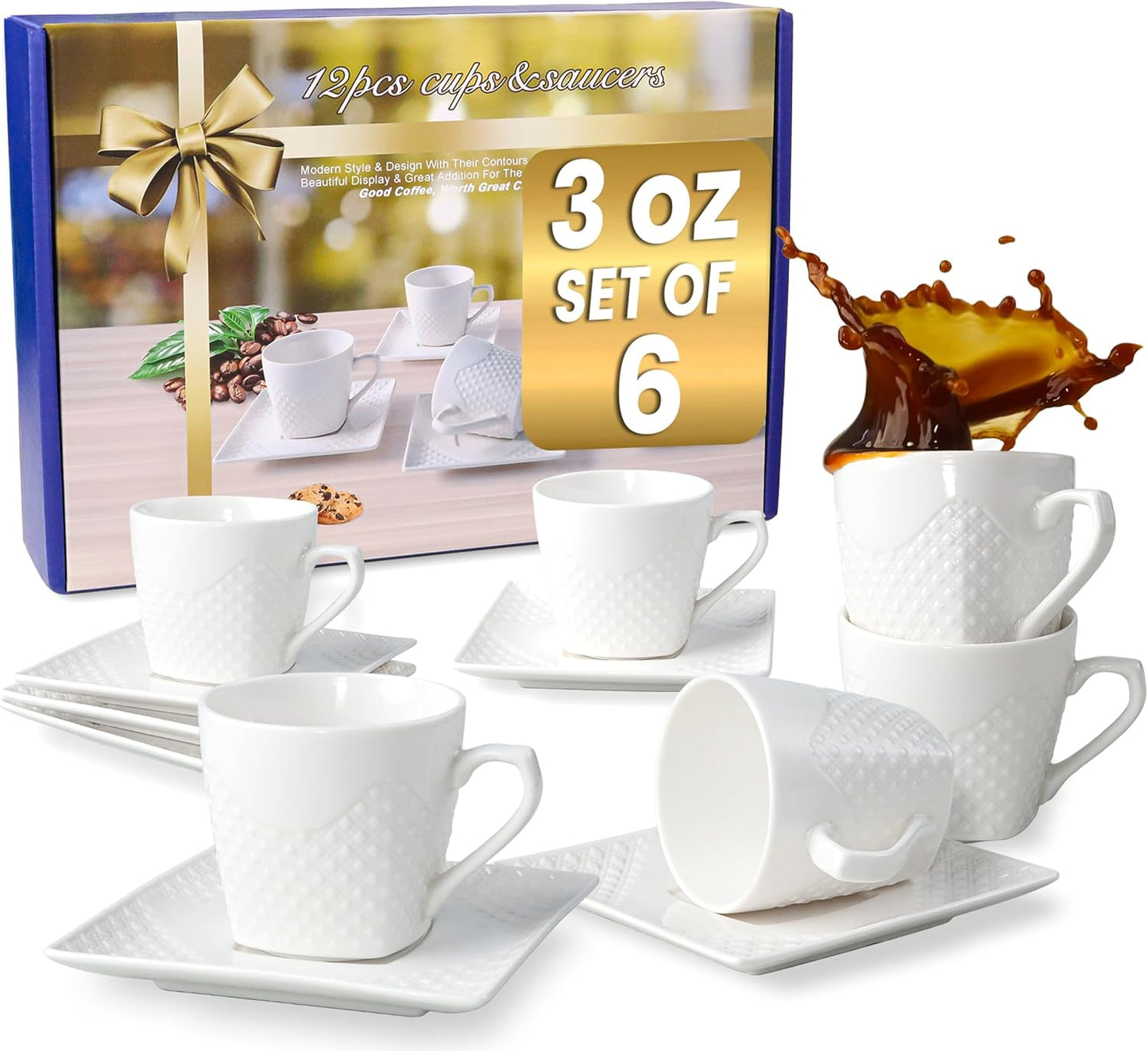 FUOCCI Turkish Coffee Cup Set of 6, Espresso Cups &amp; Saucer, 3 oz Porcelain