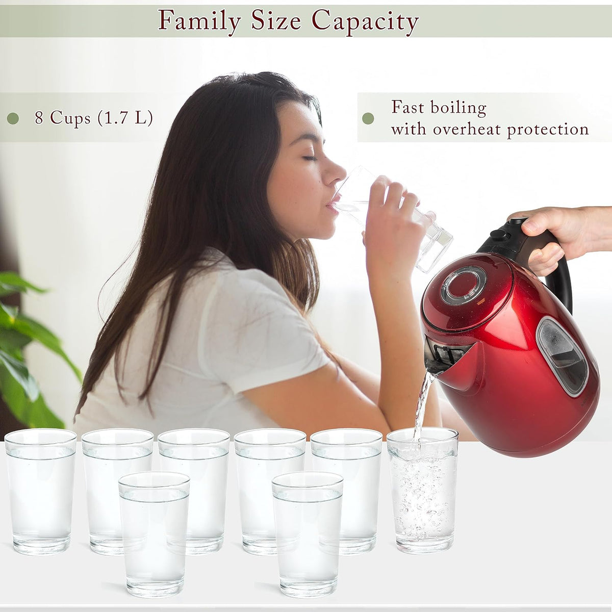 Mixpresso Red Stainless Steel Electric Kettle, 1.7L Cordless 1500W