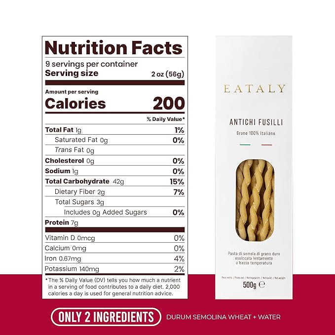 Eataly Italian Antichi Fusilli Pasta Noodles - 500g (17 oz.) Box -Authentic Durum Semolina Wheat - Made in Italy- Dried Pasta for Gourmet Dining, 1 Pack
