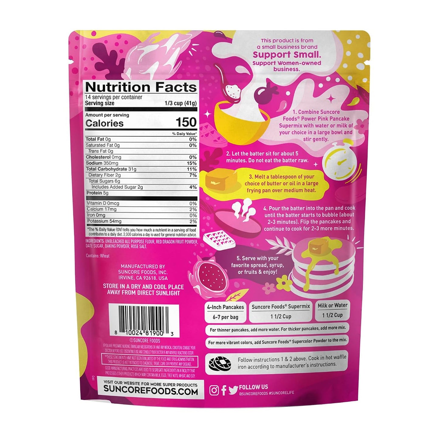 Suncore Foods Power Pink Pitaya Pancake &amp; Waffle Mix 20oz | Plant-Based | Natural Pink Color Red Dragon Fruit Pancake, Waffle &amp; Crepe Mix, Vegan, For Breakfast &amp; Desserts, Non-Dairy, Resealable Pouch
