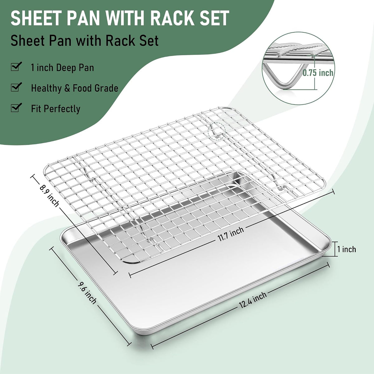 Homikit Quarter Sheet Pan with Wire Rack (2 Baking Sheet+2 Rack), 12" x 10" | Stainless Steel Quarter Baking Tray with Grid Cooling Rack for Toaster Oven Roasting, Metal Bacon Cookie Pan, Dishwasher Safe