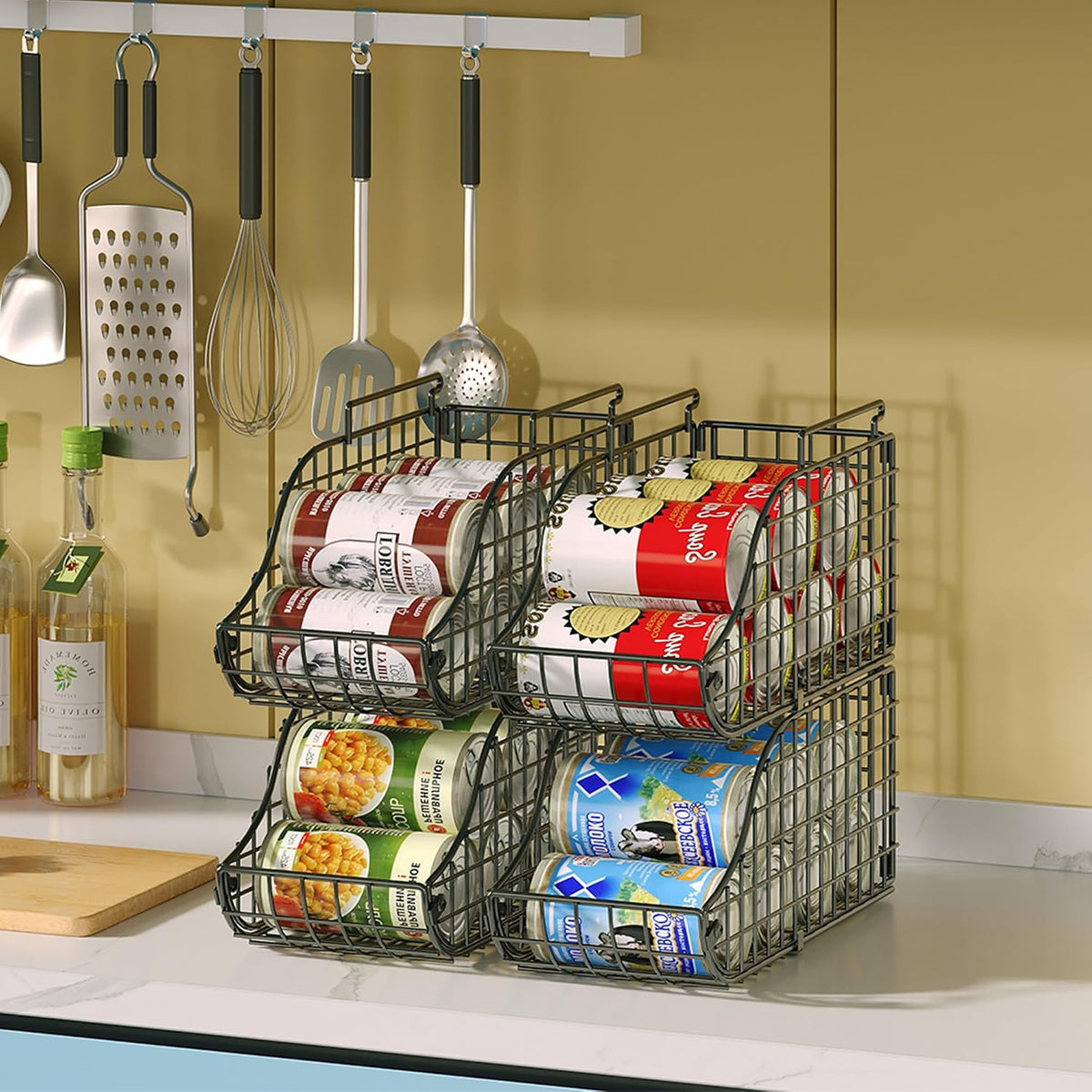 4-Pack Stackable Canned Food Organizer with Handles for Kitchen, Soda Can Organizer for Pantry Shelves, Wire Cabinet Shelf for Can Storage, Foldable Soda Dispenser, Patent Pending, Black