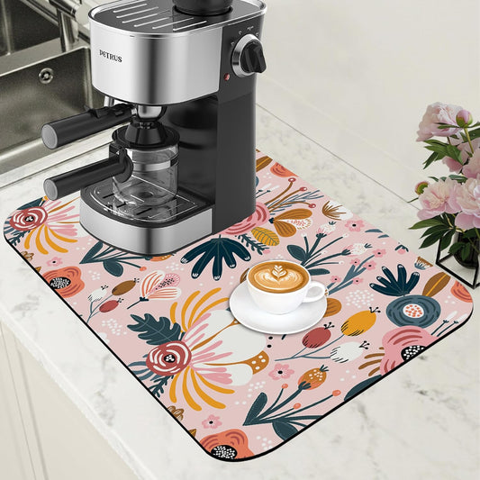 Dish Drying Mat Pink Flowers Berries Leaves Coffee Bar Mat for Countertop Absorbent Hide Stain Rubber Backed Dish Drainer