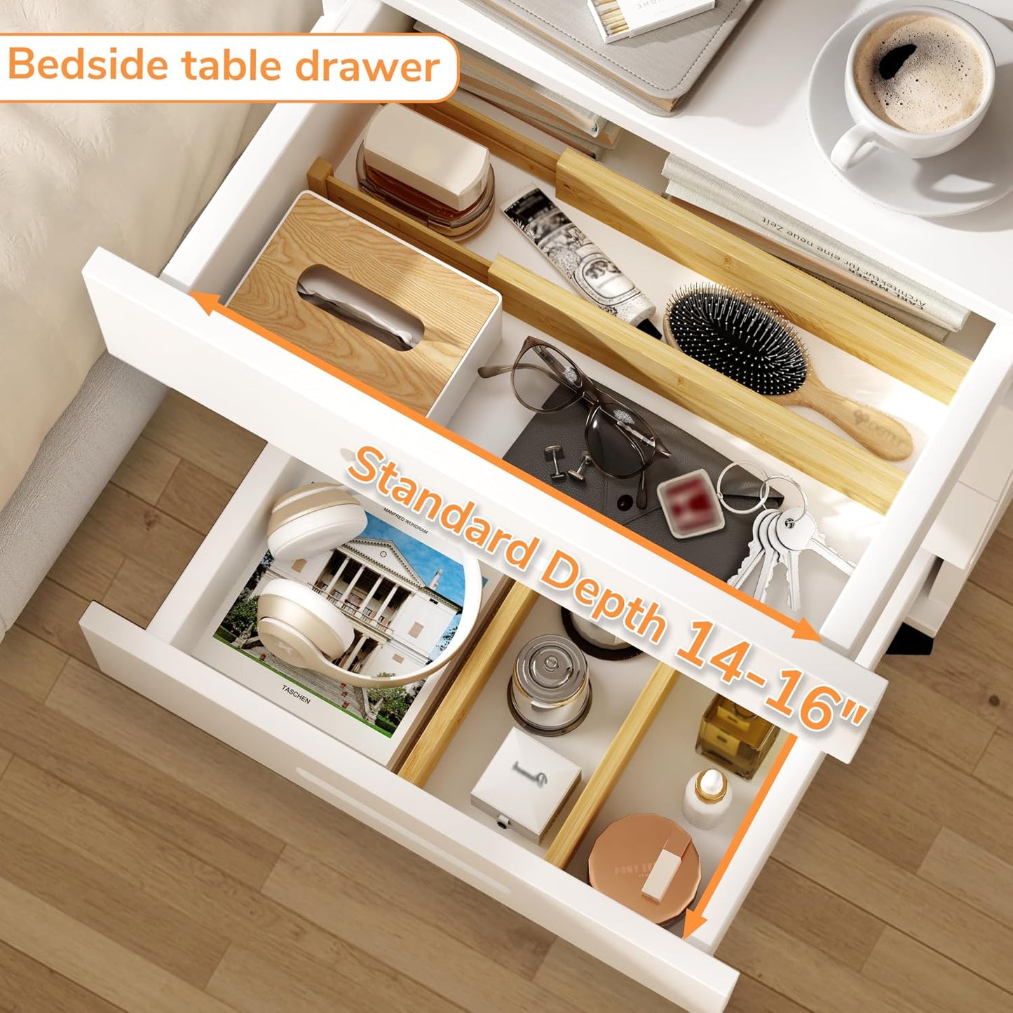 BAMEOS Bamboo Expandable Drawer Dividers – Fits 13.3"–19" Drawers, 2" High, Set of 4 | Spring-Loaded Bamboo Separator for Kitchen Island, Bathroom Vanity &amp; Dresser Drawers
