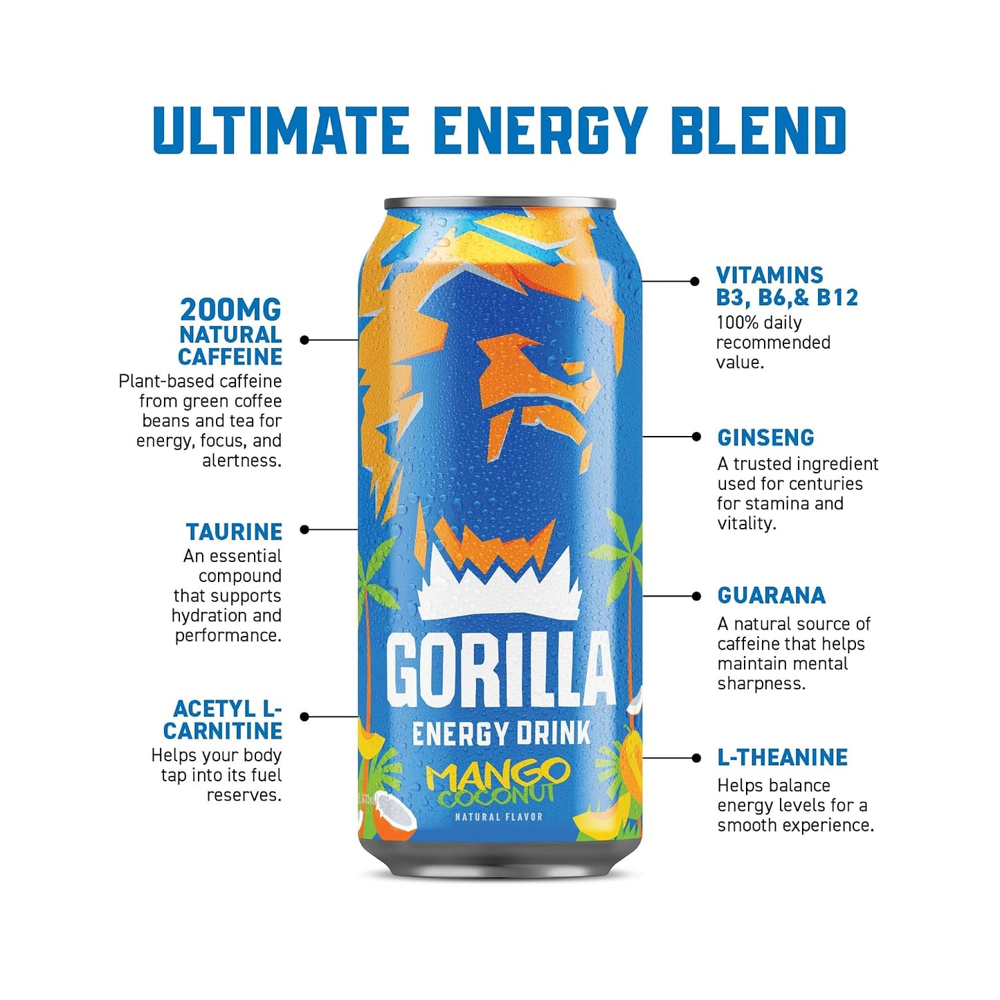 Gorilla Energy Drink, Mango Coconut, 200mg Natural Caffeine, Real Fruit Juice Squeezed &amp; Concentrated, L-Theanine, Taurine, Ginseng, Acetyl L-Carnitine, No Added Sugar and No Artificial Colors, 12 Pack