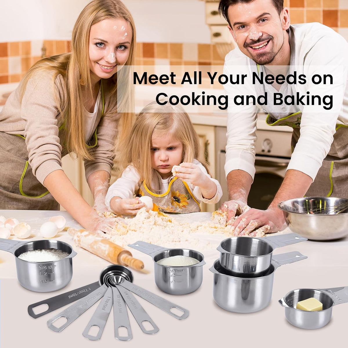 7x Stainless Steel Measuring Cups with 6x Measure Spoons Set,4x Py&amp;Res Plastic liquid Measurings Cups for Liquids,Kitchen Gadgets for Cooking &amp; Baking Utensils Christmas Gift (17Pcs)