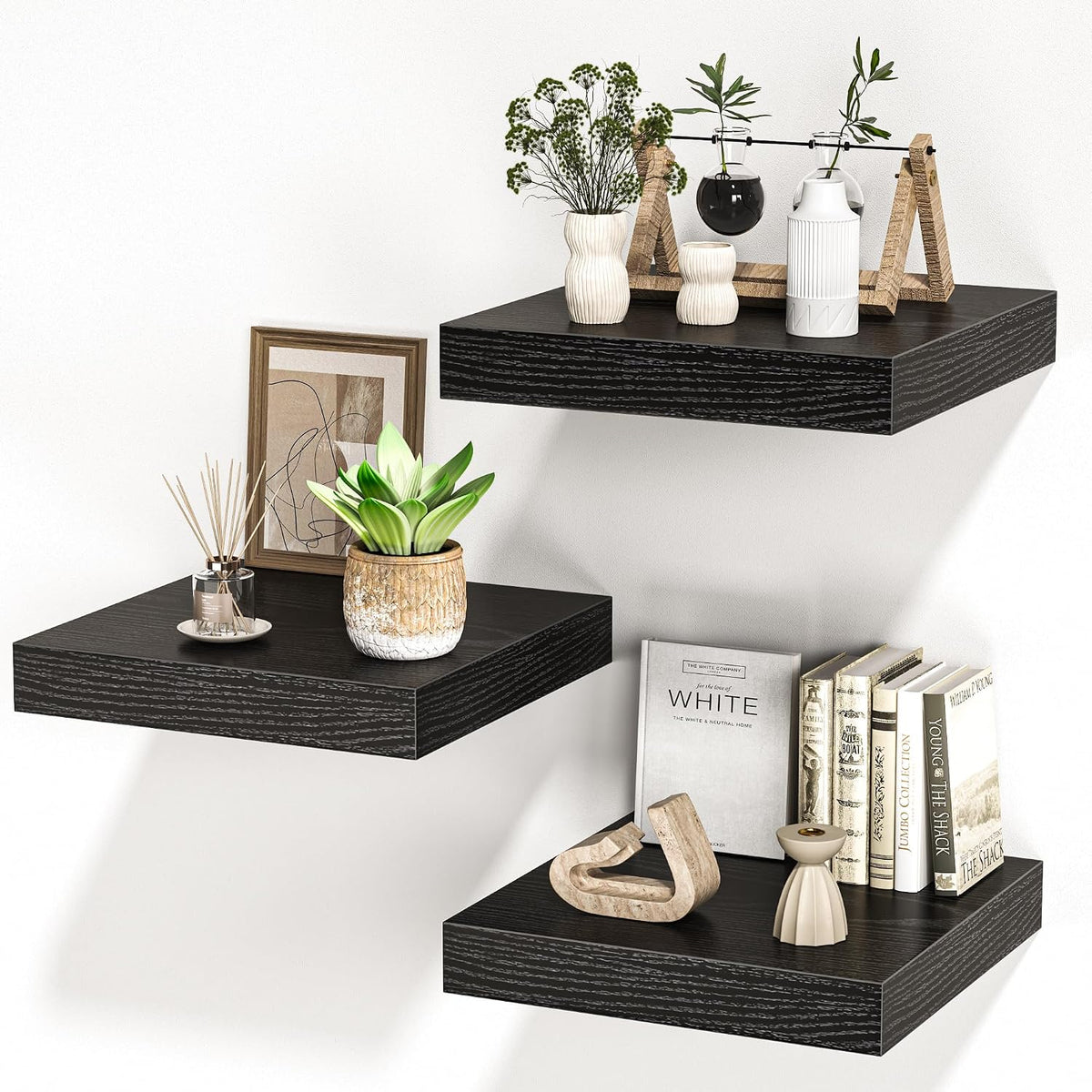 FLYJOE Square Floating Shelves for Wall, 12" W x 12" D x 1.4" H, Small Wooden Wall Mounted Display Shelves with Invisible Brackets for Living Room, Bedroom, Bathroom, Kitchen Decor, Set of 3, Black