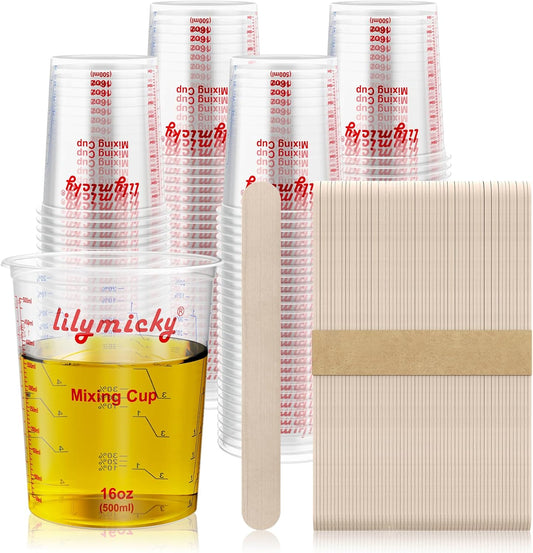 16 oz Plastic Mixing Cups, 100 Pack 16 oz (500ml) Disposable Measuring Cups with 100 Wooden Mixing Sticks, Can Be Used for