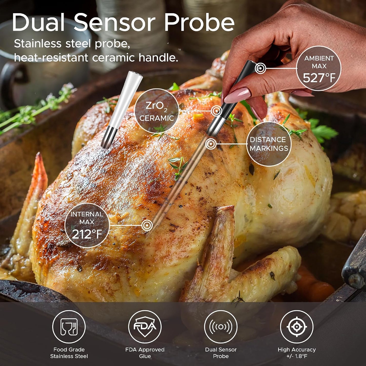 750ft Wireless Meat Thermometer Long Range for Smoker, BBQ &amp; Rotisserie, 2 Probes Smart Bluetooth Thermometer Dual Sensor Waterproof Probe with LCD Base Station Display &amp; App Control