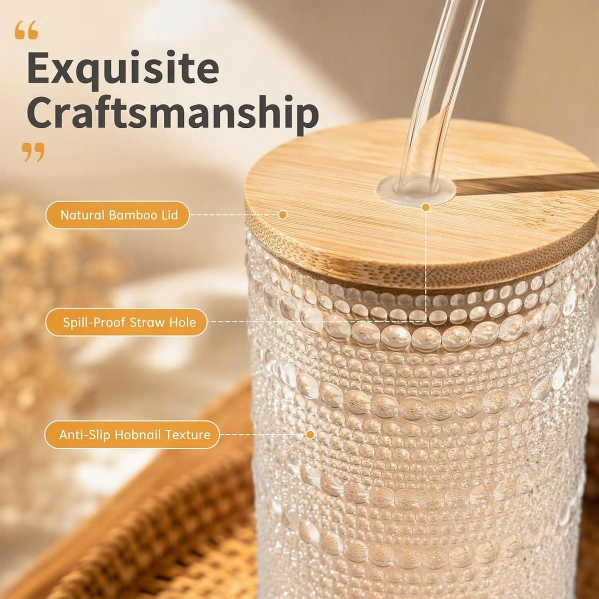 Glass Cups with Lids and Straws 16 oz Hobnail Drinking Glasses | Vintage Iced Coffee Cup with Bamboo Lid, Cute Stackable Glassware for Cocktail Juice Matcha Smoothie Home Kitchen