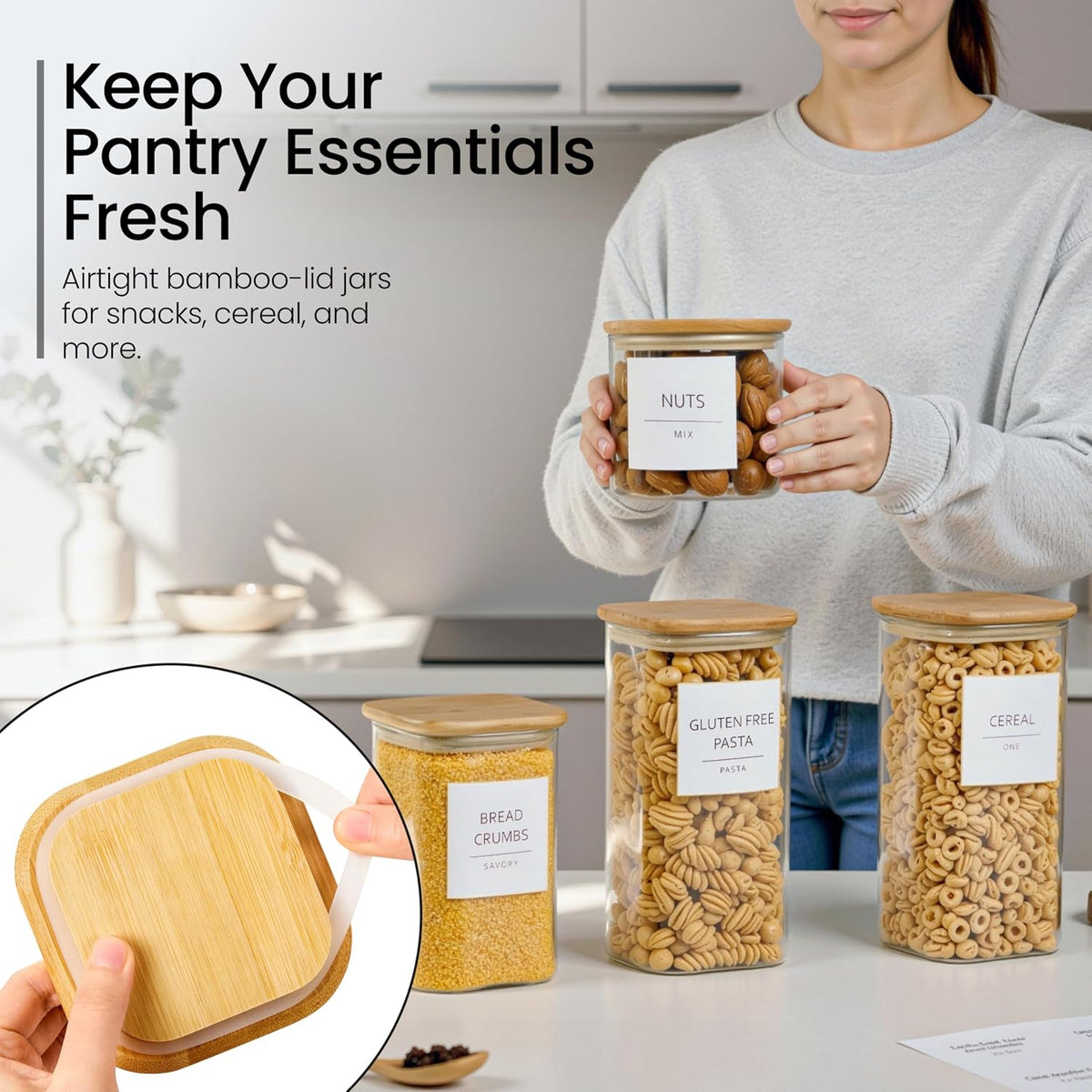 Talented Kitchen Square Glass Food Storage Containers - Airtight & Labeled Glass Kitchen Storage Containers - Space-Saving Stackable Square Pantry Jars - Pack of 6, 24/37/51 fl oz