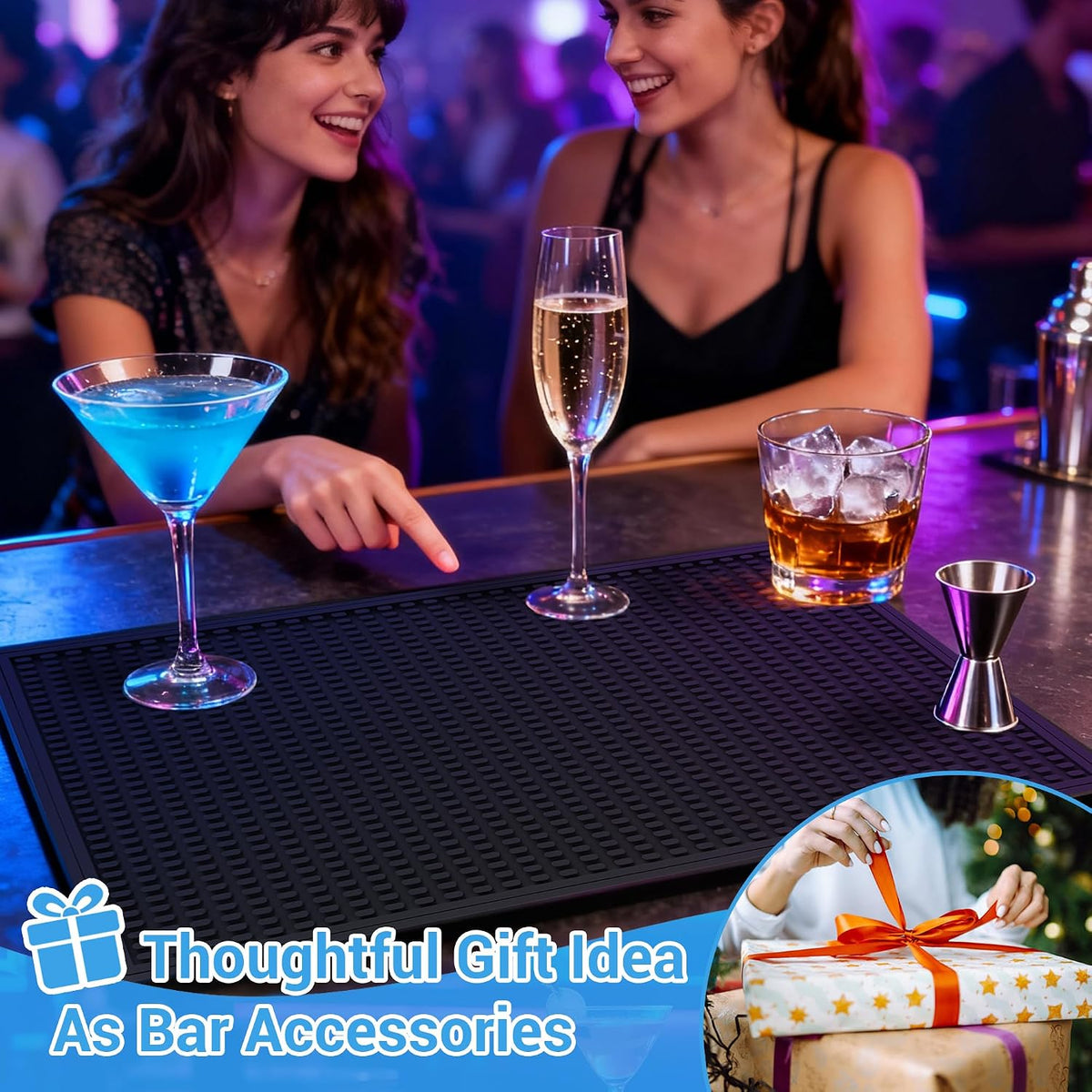 ZJWZLG Bar Mat - Premium 18"X12" Rubber Bar Mats for Countertop, Non-slip Dish Drying Pad &amp; Bartender Mat with for Fast Drying, Ideal Bar Tools for Home Bar, Cocktail Set, And Kitchen Use(Black)