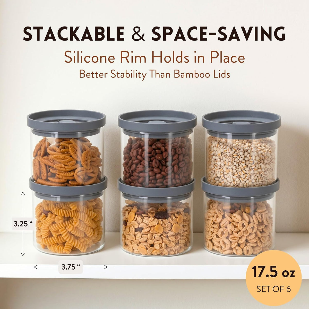 Glass Canisters with Airtight Lids Set of 6 (17.5 oz) - Borosilicate Glass Jars for Overnight Oats, Meal Prep &amp; Pantry Storage, Stackable, BPA-Free, Dishwasher Safe Kitchen Containers