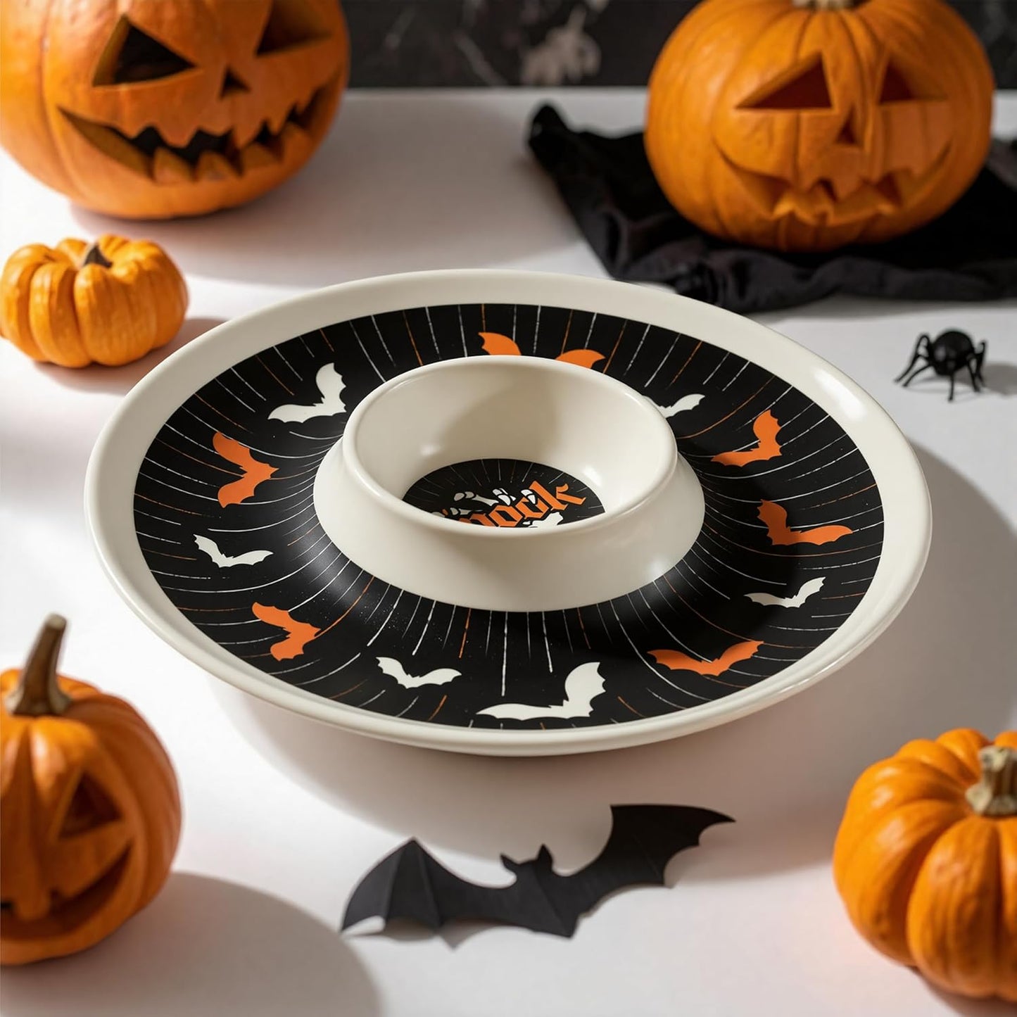 Oasis Choice 2-Pack Halloween Skeleton Serving Trays, 18" Large Handled Tray & 13" Chip & Dip Platter for Horror Party, BBQ