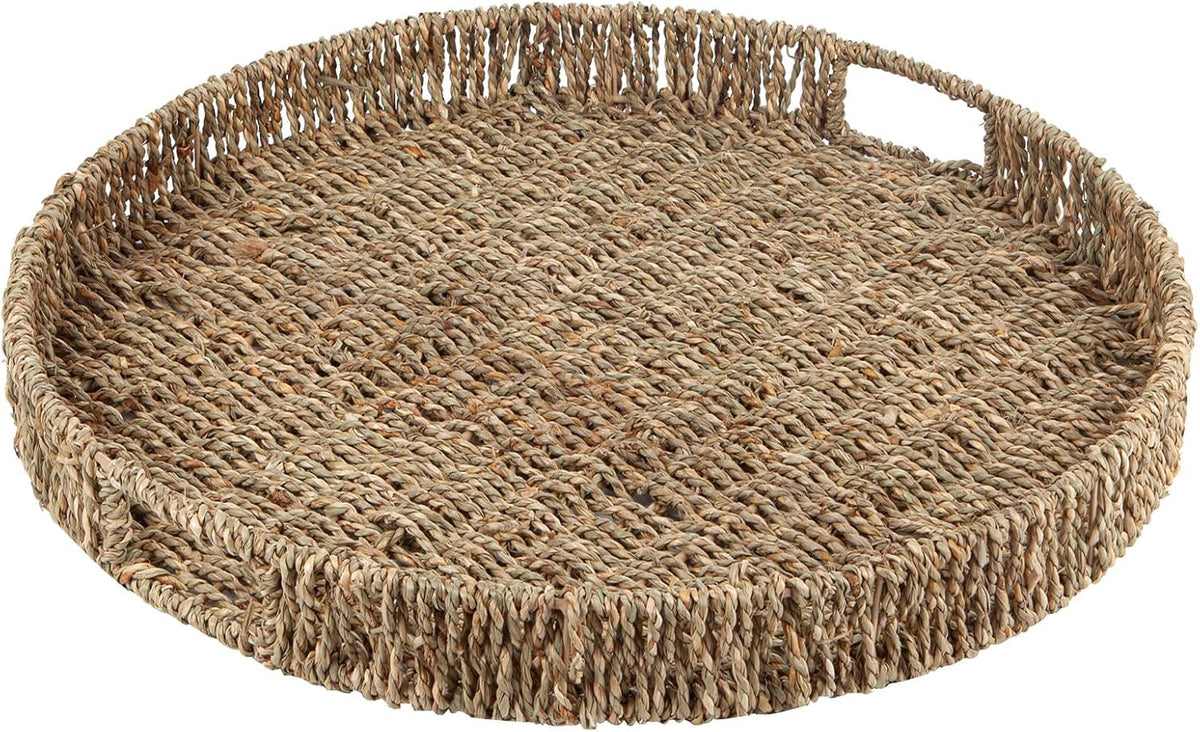 Round Ottoman Tray Large Wicker Serving Tray with Handles for Coffee Table, 16 Inch Handwoven Natural Seagrass Tray