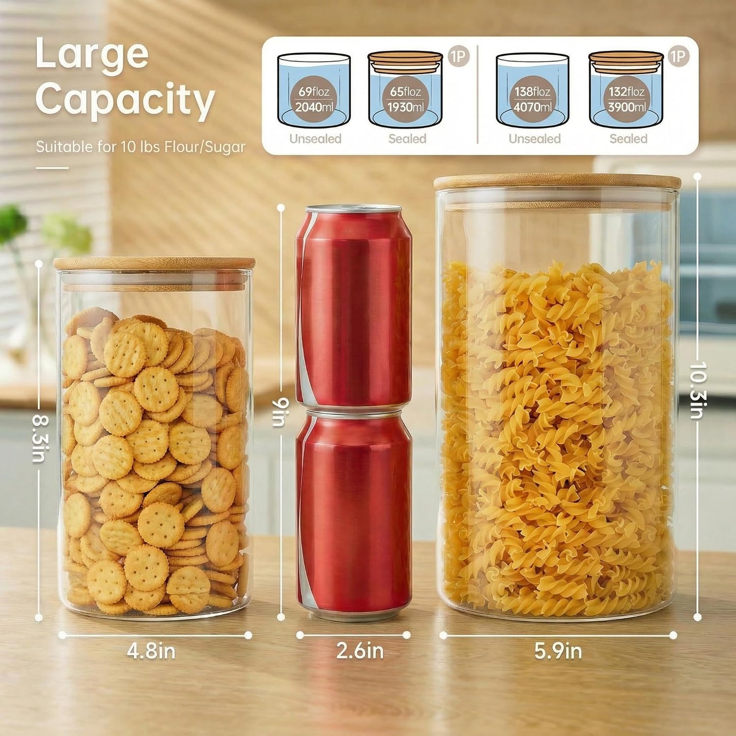 Large Glass Storage Containers with Bamboo Lids for Flour &amp; Sugar, 2 Pack
