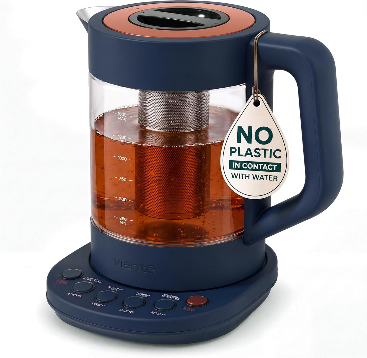 Viante Alba Electric Tea Kettle, Infuser, No Plastic, 1.5L, Midnight Blue