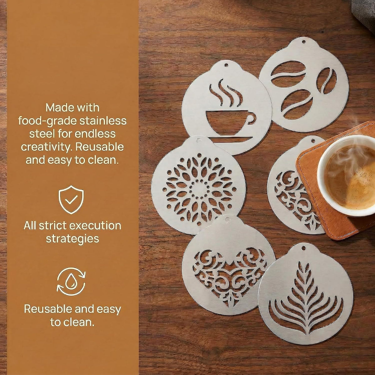 5Pcs Stainless Decorating Stencils, Metal Foam Latte Art Templates, Reusable Cappuccino Chocolate Templates Coffee Garland Mould Cake Decorating Tool