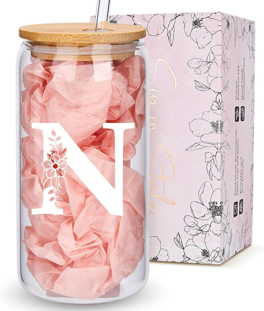 Personalized Gifts for Women, Monogrammed Glass Cups with Lids and Straws, Custom Tumbler, Cute Customized Mug, Aesthetic Stuff, Initial Iced Coffee Cup, Drinking Glasses, Birthday Teacher Gifts, N