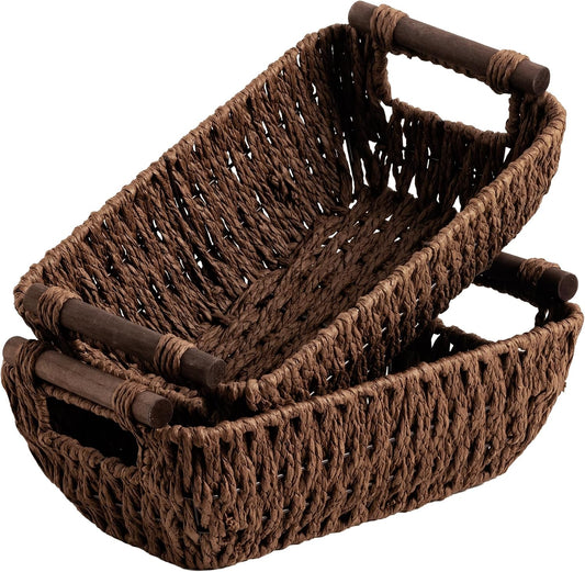 StorageWorks Small Wicker Baskets for Shelves, Dark Brown Basket, 2 Pack