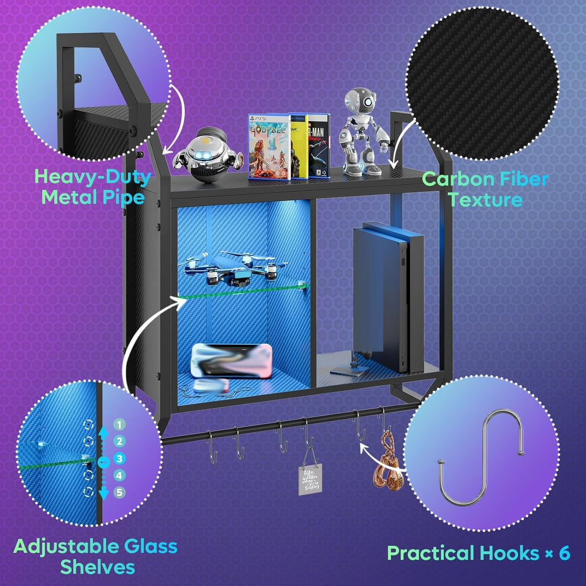 Bestier 25" LED Gaming Floating Shelves for Wall, Wall Mounted Shelf Pipe Adjustable Glass Shelves, Hanging Display Rack with 6 S-Hooks Towel Bar, Gaming Room Decor Shelf, Carbon Fiber Black