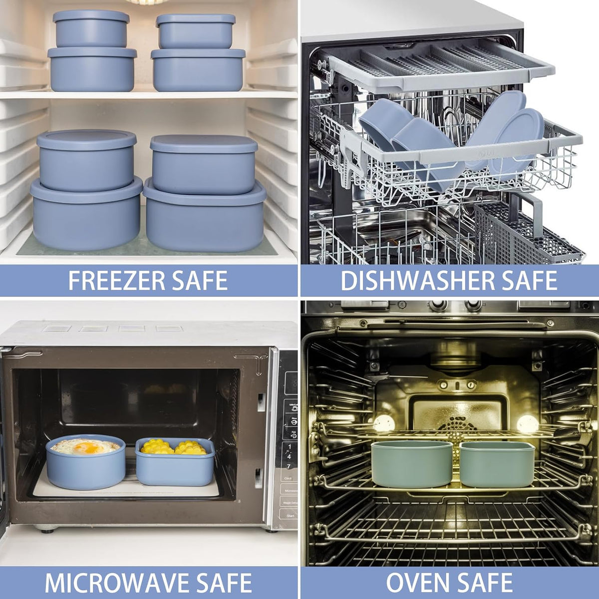 100% Silicone Food Storage Containers with Lids, 8 Pack, 10oz to 51oz, Reusable Leakproof Nesting &amp; Stackable Silicone Bento Lunch Box, Microwave Freezer Dishwasher Oven Safe, BPA Free, Slate Blue