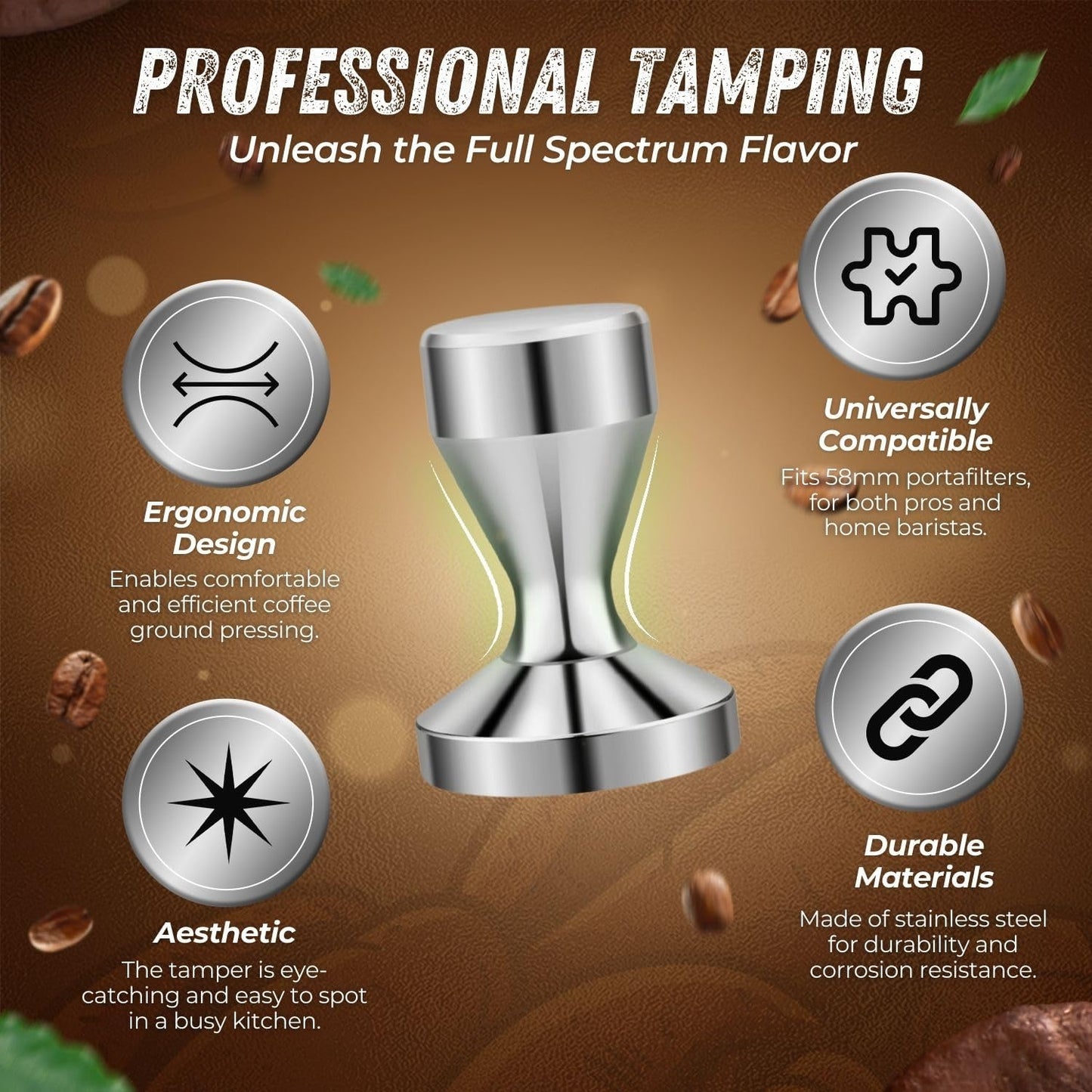 Flexzion Coffee Tamper 58mm Espresso Tamper Tool, Stainless Steel Barista-Quality Hand Press Espresso Maker with Ergonomic Silver Handle for Home and