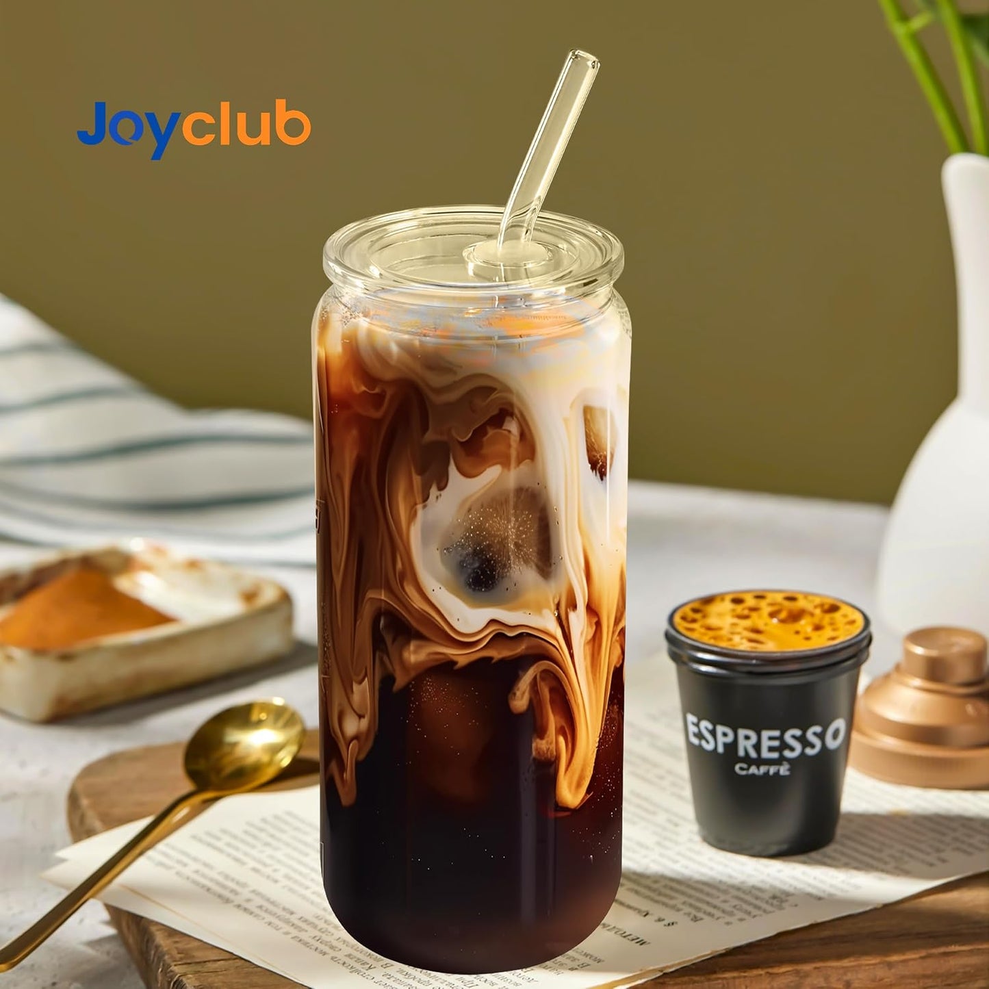 Joyclub 2pcs Glass Cups with Acrylic Lids and Straws 20 oz Drinking Glasses | Can-shaped glasses cute glass tumbler include 2 cleaning brushes, reusable iced coffee cup for party favors cafe shop gifting