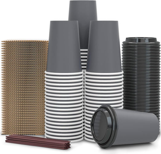 【100 Pack - 12 oz Disposable Coffee Cups To Go with Lids Sleeves and Straws 100% Biodegradable & Compostable Pla Eco