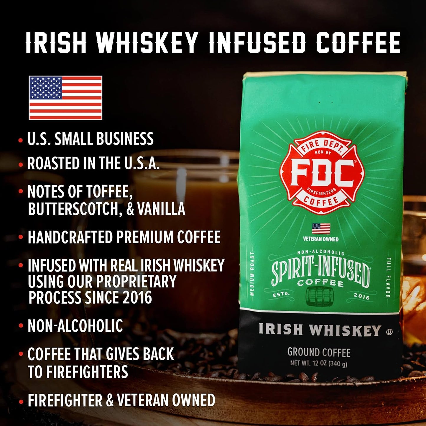 Fire Department Coffee Irish Whiskey Infused Coffee Beans - 12 oz | Gives Back to Firefighters - Medium Roast - Non-Alcoholic - Roasted in the USA - Whole Bean - Veteran Owned