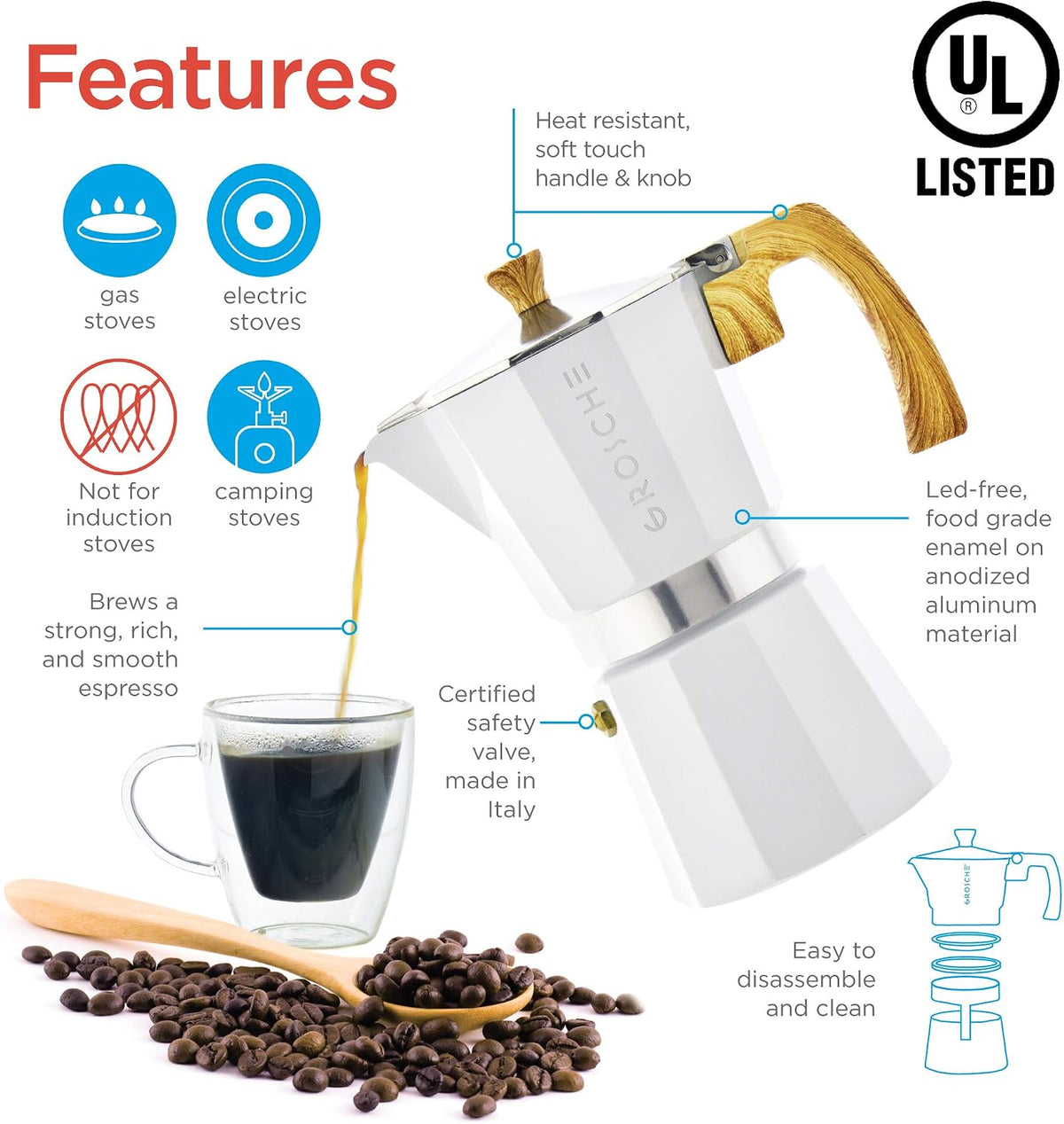 GROSCHE Milano Stovetop Espresso Maker Moka Pot 3 espresso Cup, 5 oz White | Cuban Coffee Maker And Italian Moka Pot For Stovetop Espresso; For Gas, Electric, And Propane Stoves With A Soft-Touch Handle