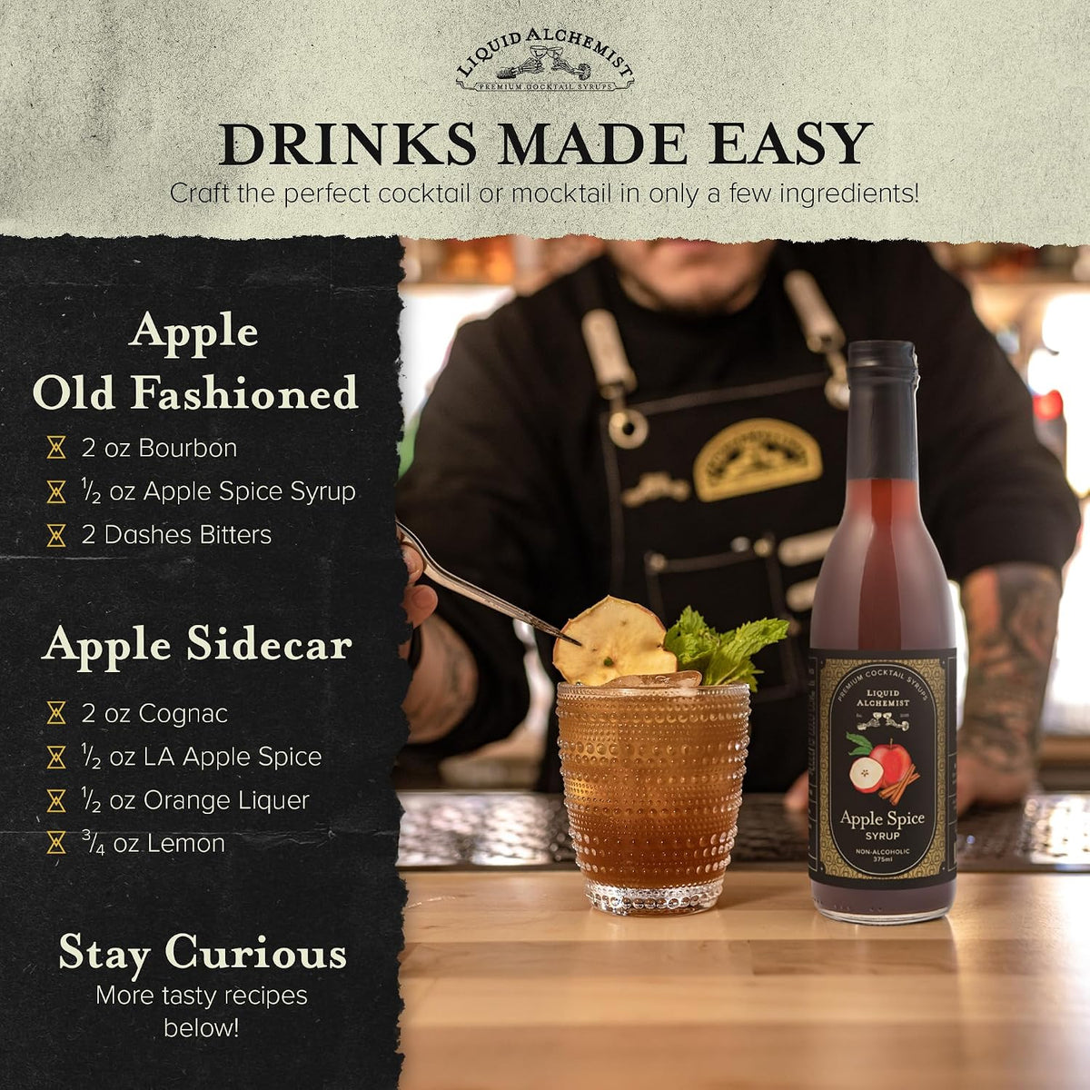Liquid Alchemist Apple Spice Syrup for Cocktails | Real Ingredients Make our Apple Syrup for Drinks a Perfect Fall Themed Old Fashioned Mix | Small Batch Non-GMO Vegan Drink Mixer | 12.7 oz, Pack of 1