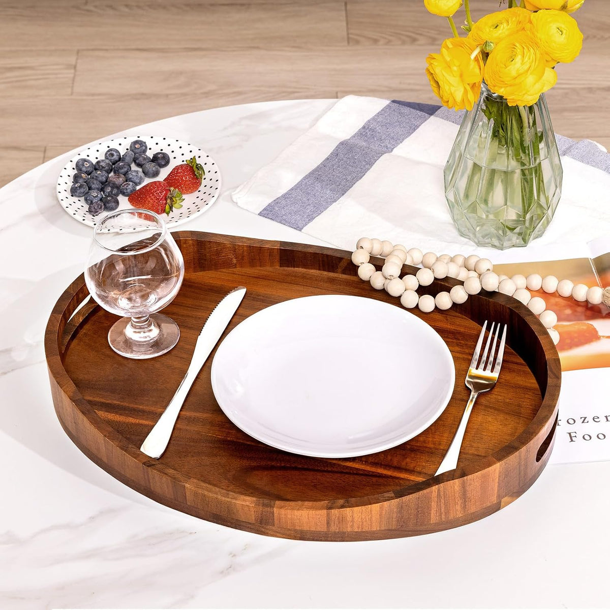 HouseJoy Wood Serving Tray with Handle: Decorative Ottoman Tray w/High Edge | 16.5x13in size-Acacia Wood-12mm Thick-Easy to Grip-Waterproof-Tray for Food in Bed/Coffee Table/Bathroom-Dessert Display