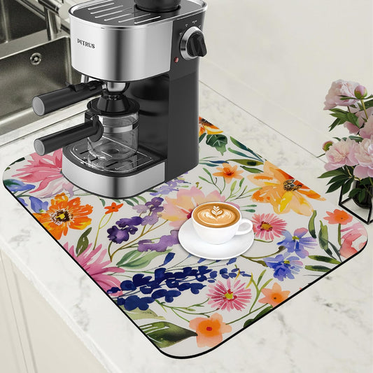 Dish Drying Mat Colorful Wildflowers Coffee Bar Mat for Countertop Absorbent Rubber Backed Hide Stain Dish Drainer Rack Pad