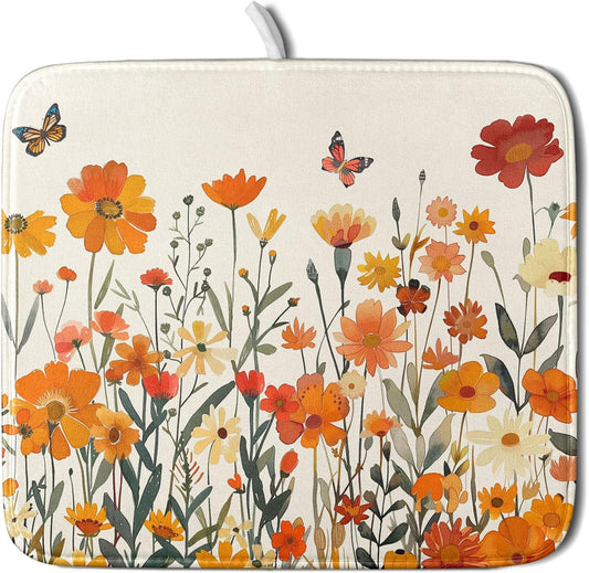Fall Orange Wildflower Dish Drying Mat for Kitchen Counter,Autumn Floral Butterflies Drying Mat 16 x 18 Inch with Absorbent