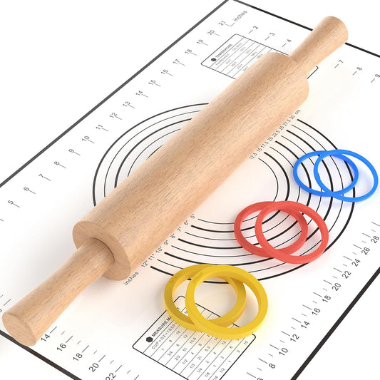 Classic Wooden Rolling Pin with Handle and Pastry Mat for Fondant, Pizza, Pies, Cookies, Rolling Pin for Baking with 3