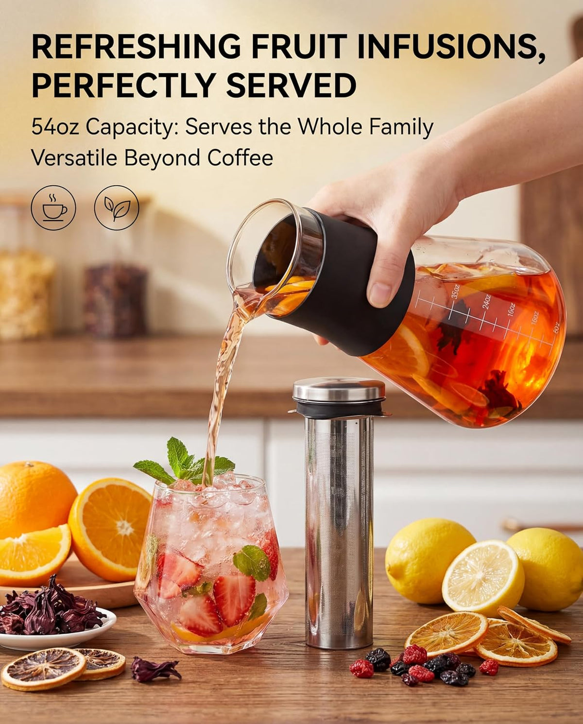 AGOGO 54oz Glass Coffee Maker &amp; Pitcher for Iced Tea &amp; Fruit Infusions | Thermal-resistant borosilicate, removable metal filter, and anti-scald grip for family breakfasts, office sharing, or gifts