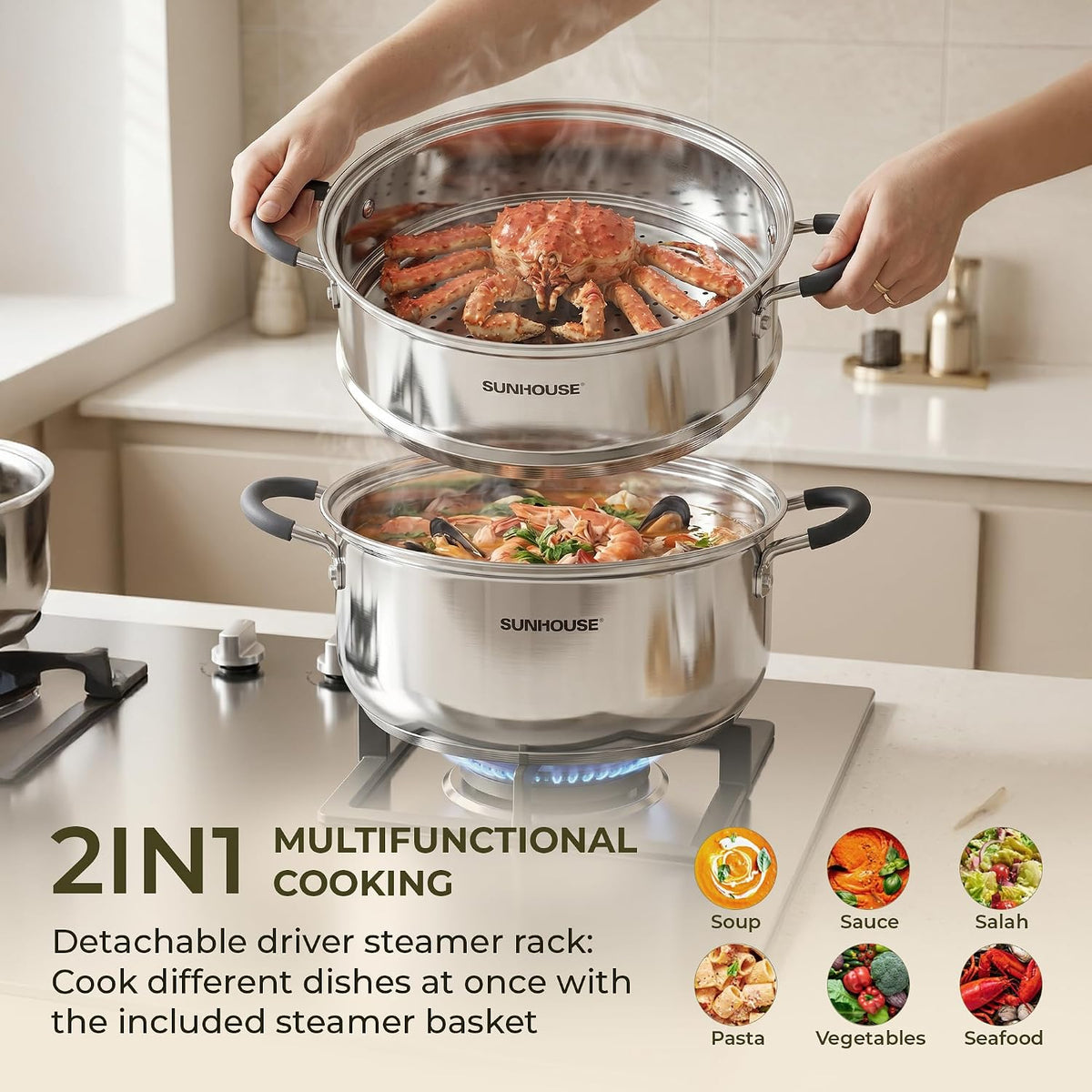 Sunhouse - 3.1 Quarts Steamer Pots With Lid 2-Tier Multipurpose Stainless Steel Steaming Pot Cookware For Vegetable, Dumpling, Sauce, Food - Triple Bottom, Measurement Line