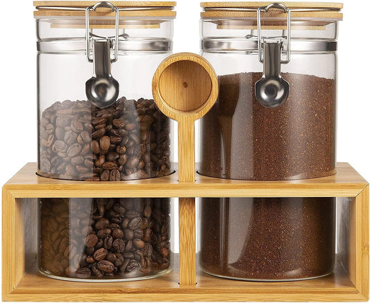 Yangbaga Ground Coffee Storage Container with Shelf, 2×45OZ Glass Coffee and Sugar Container Set, Coffee Canisters with