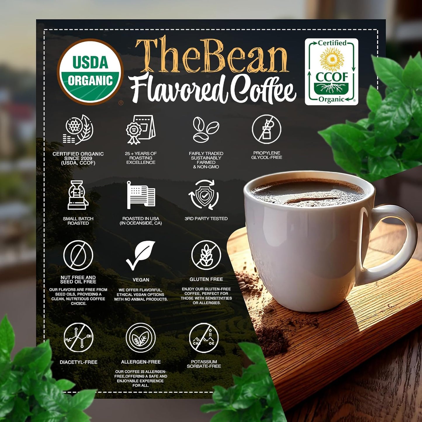 The Bean Organic Coffee Company Chocolate Macadamia Nut, Medium Roast, Ground Coffee, 16-Ounce Bags (Pack of 2), Café molido tostado orgánico