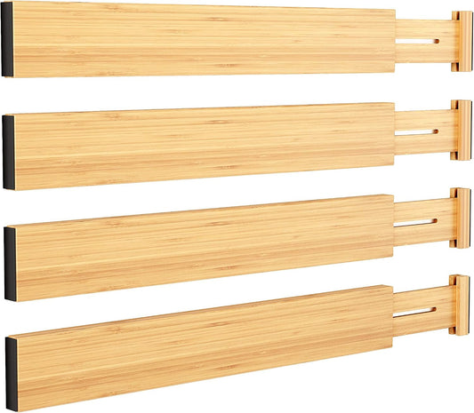 BAMEOS Bamboo Expandable Drawer Dividers – Fits 13.3"–19" Drawers, 2" High, Set of 4 | Spring-Loaded Bamboo Separator for Kitchen Island, Bathroom Vanity &amp; Dresser Drawers